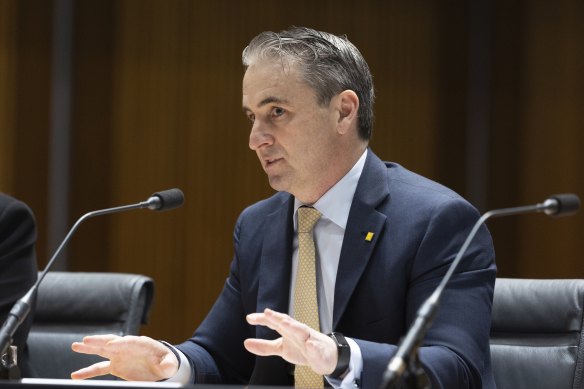 CBA chief executive Matt Comyn at the house economics committee in Canberra last month.